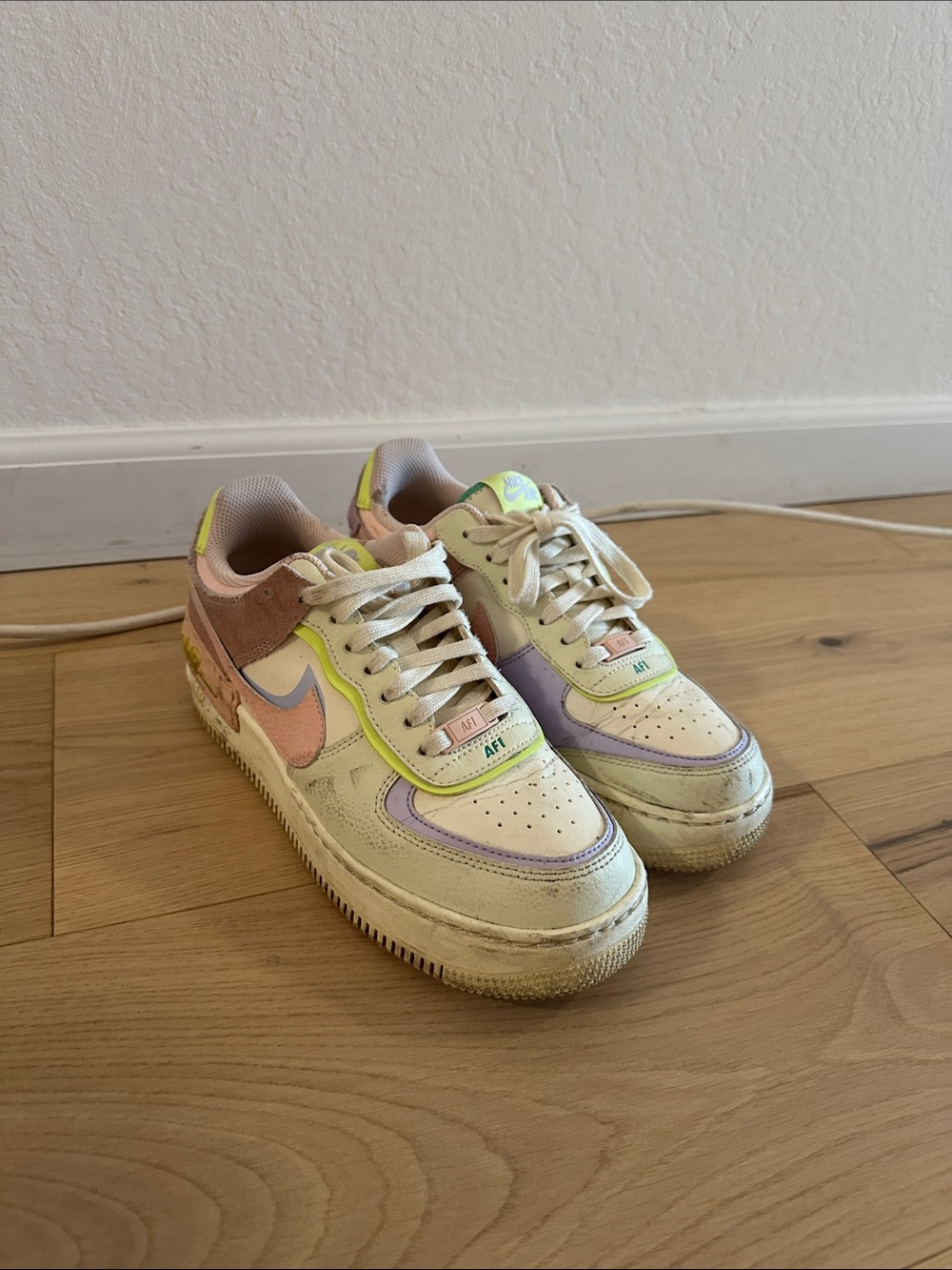 Nike Women's Air Force 1’s: Cream with Pastel Pink, Lilac & Neon Yellow Accents